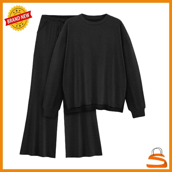 Soft Long Sleeve Lounge Set Wide Leg Pants Cozy Matching Outfit